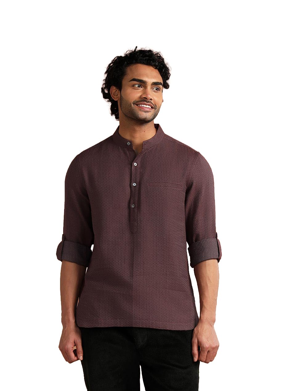Fabindia Men Burgundy Printed Mandarin Collar Kurta