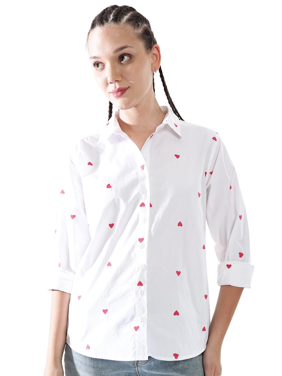 Hubberholme Women Oversized 100% Cotton Embroidered Spread Collar Shirts-4