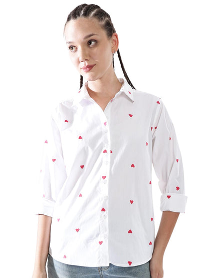 Hubberholme Women Oversized 100% Cotton Embroidered Spread Collar Shirts-4