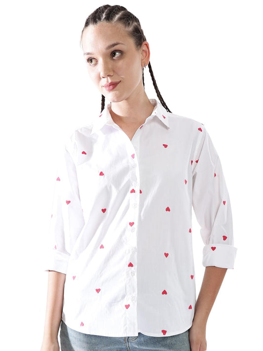 Hubberholme Women Oversized 100% Cotton Embroidered Spread Collar Shirts-4