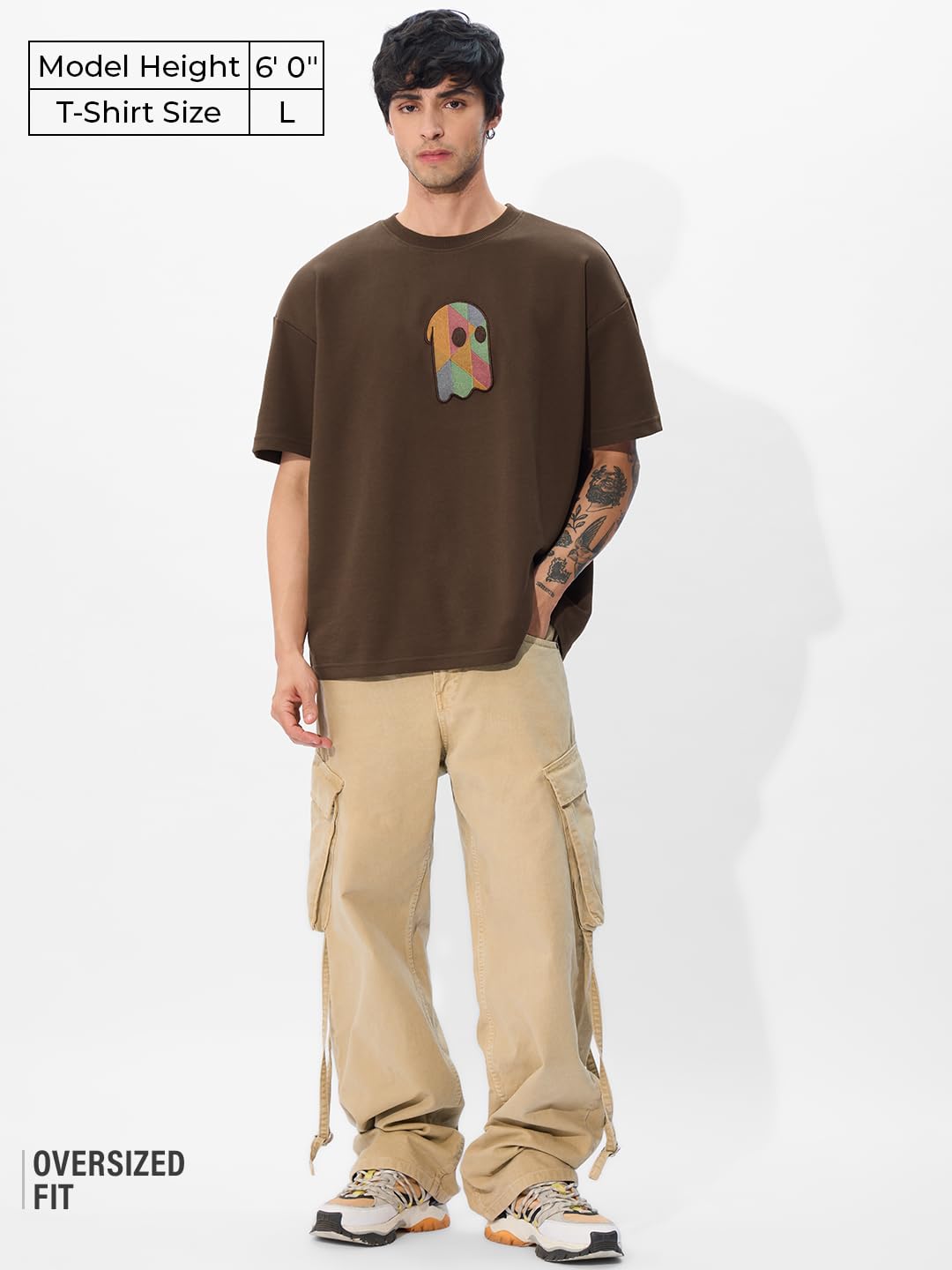 The Souled Store Fushion Brown Oversized T-Shirt for Men Boys Cotton Casual Half Sleeves Baggy Loose Fit Drop Shoulder Round Nec