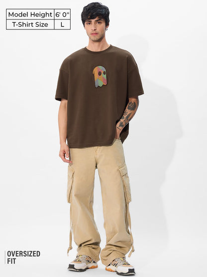 The Souled Store Fushion Brown Oversized T-Shirt for Men Boys Cotton Casual Half Sleeves Baggy Loose Fit Drop Shoulder Round Nec