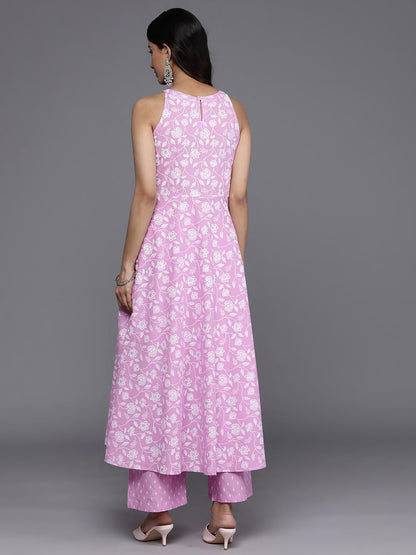 Varanga Women Lavender and White Floral Printed Anarkali Kurta Paired with Tonal Bottom