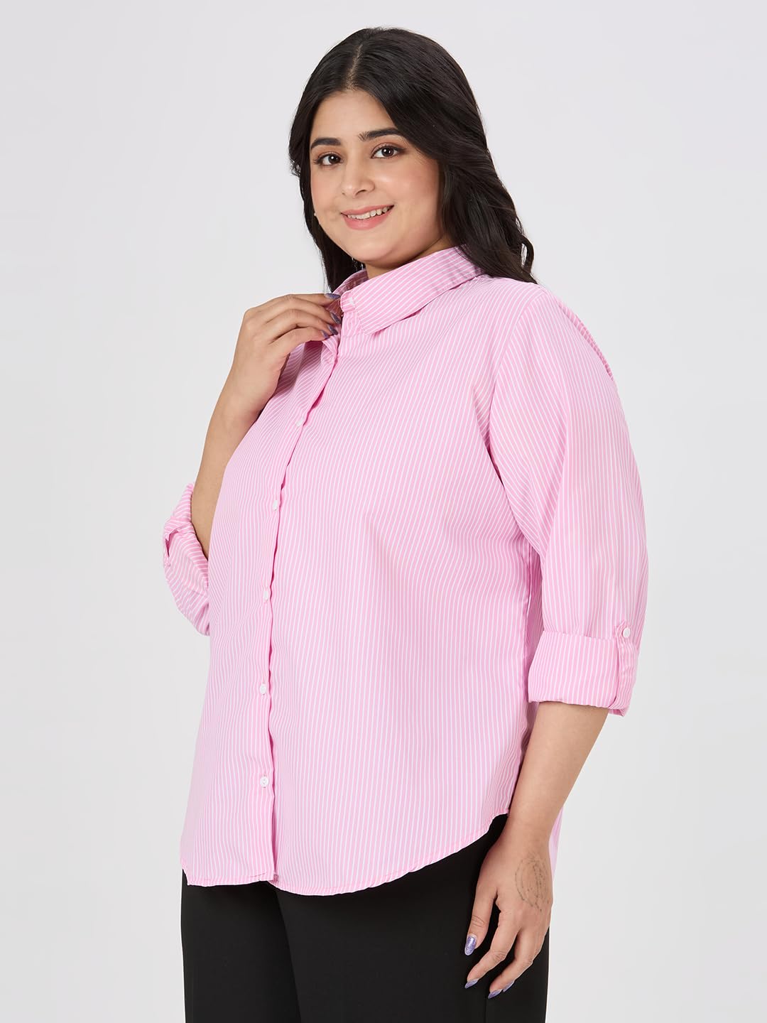 Style Quotient Plus Women Pink and White Stripe Polycotton Formal Shirt