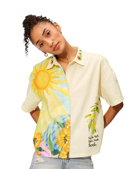 The Souled Store Sunshine Soul Women & Girls Long Sleeve Collared Neck Button Down Regular Fit Cotton Shirts Yellow
