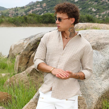 Campus Sutra Mens Saltbox Beige Dimentional-Textured Shirt | Casual Wear | Spread Collar | Long Sleeve | Button Closure | Shirt
