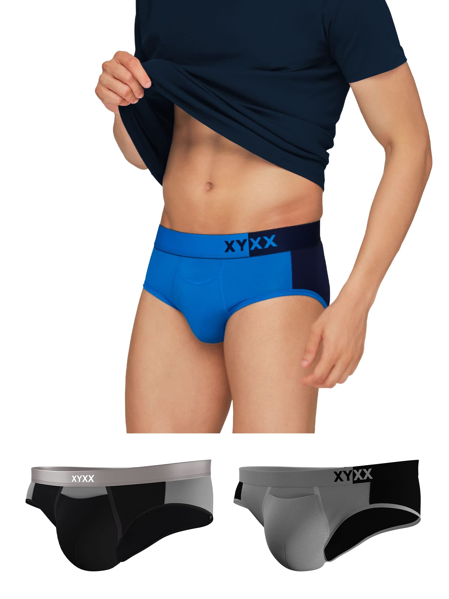 XYXX Mens Underwear Dualist IntelliSoft Antimicrobial Micro Modal Brief Pack of 3 (Brilliant Blue & Black Iris ; Steel Grey & B