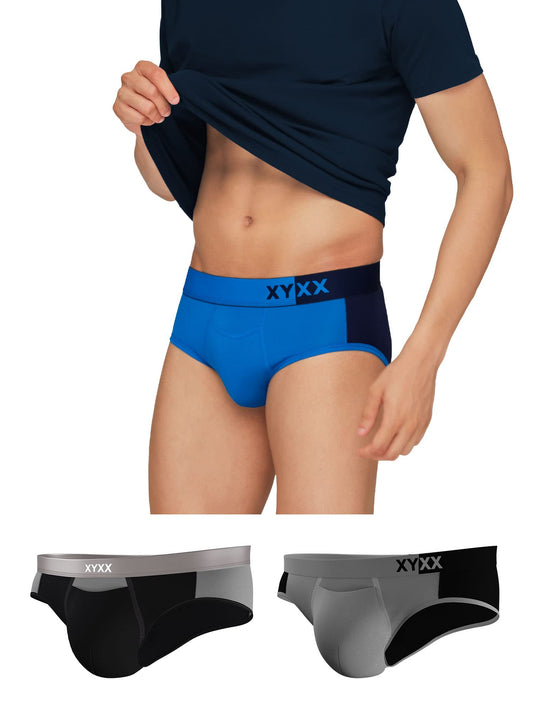 XYXX Mens Underwear Dualist IntelliSoft Antimicrobial Micro Modal Brief Pack of 3 (Brilliant Blue & Black Iris ; Steel Grey & B