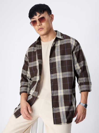 The Souled Store: Mocha Men and Boys Long Sleeve Spread CollarButton Front Brown Plaid Regular Fit Cotton Linen Shirt