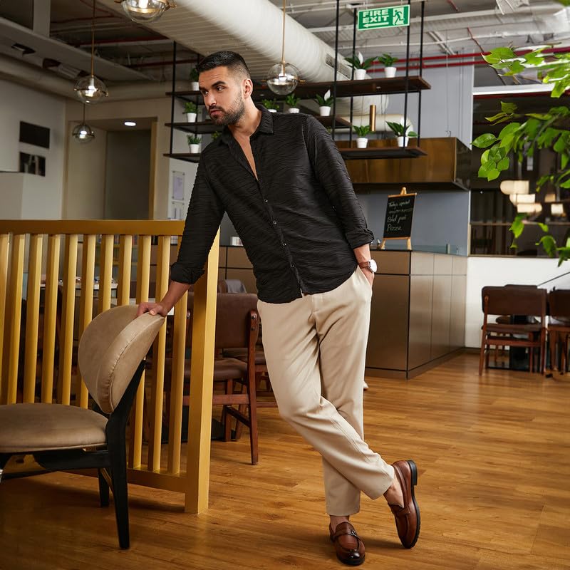 Campus Sutra Mens Midnight Black Self-Design Wave Shirt for Casual Wear | Spread Collar | Long Sleeves | Button Closure | Shirt