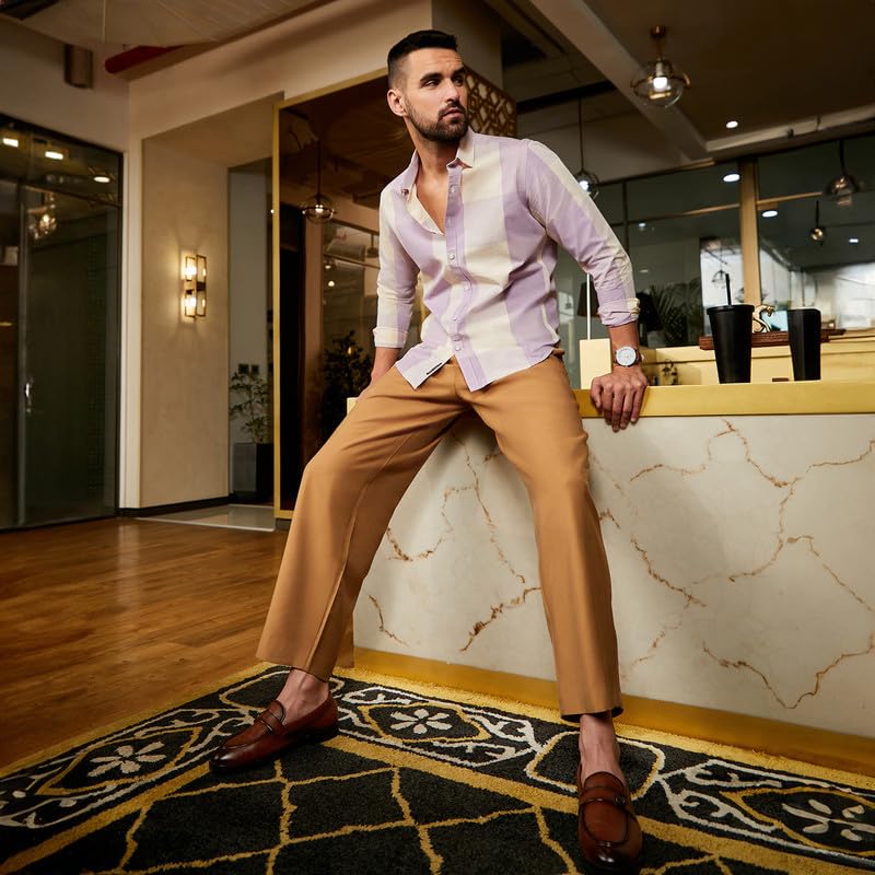 Campus Sutra Mens White & Lilac Buffalo Check Button Up Regular Fit Shirt for Casual Wear | Cotton Spread Collar Shirt Crafted