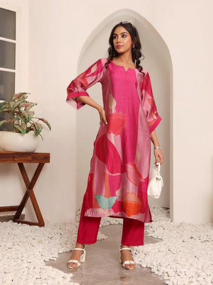 Varanga Women Fuchsia Pink Abstract Printed Straight Kurta With Trousers  Stylish Ethnic Set