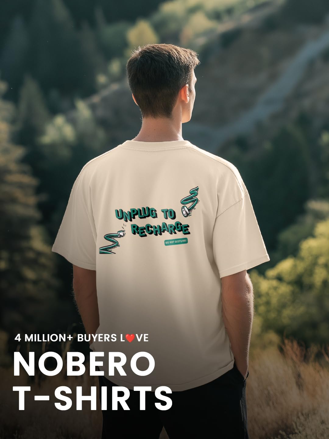 Nobero MenS Graphic Print Oversized Fit T-Shirt (1M-Twrt-C1005-Bs_Unplug-Sand