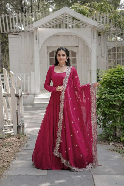 Fashion Basket WomenS Georgette Solid Anarkali Dress Pink