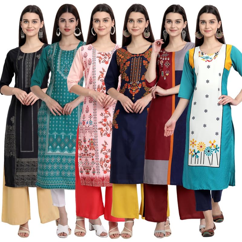 Tee Projekt Printed Crepe Kurti For Women Ll Vibrant Colour Kurti (Pack Of 6)