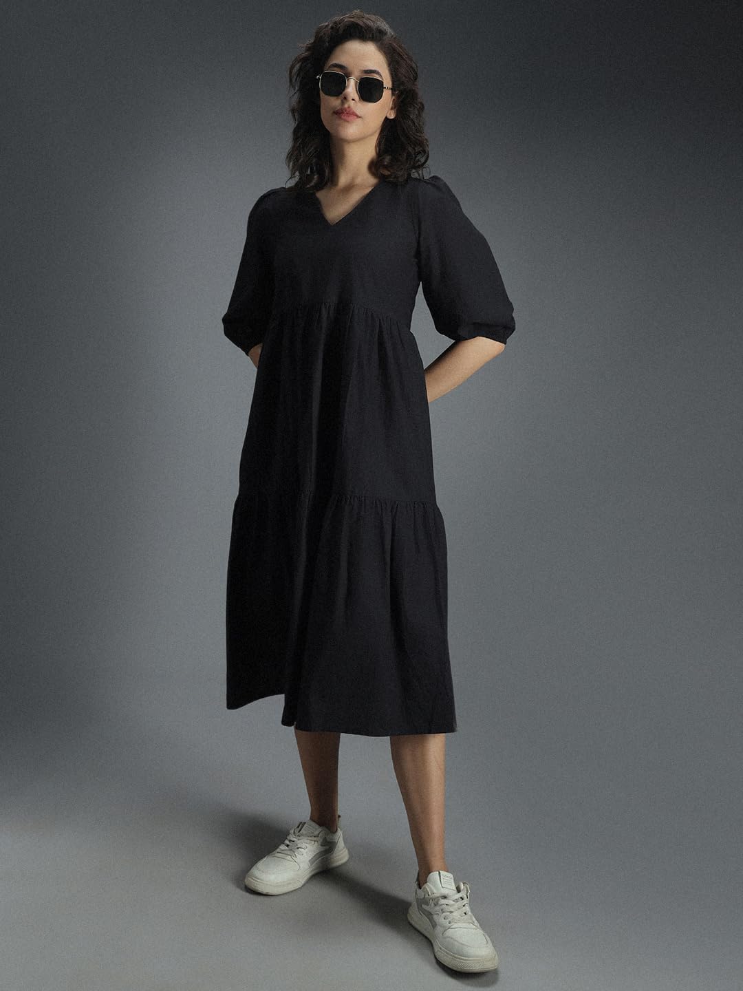 High Star Women'S Cotton Pleated Maxi Casual Dress (Hswdrs23005_Bk_Black