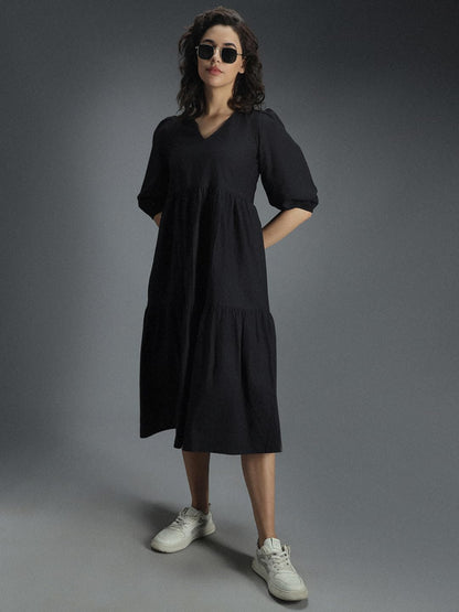 High Star Women'S Cotton Pleated Maxi Casual Dress (Hswdrs23005_Bk_Black
