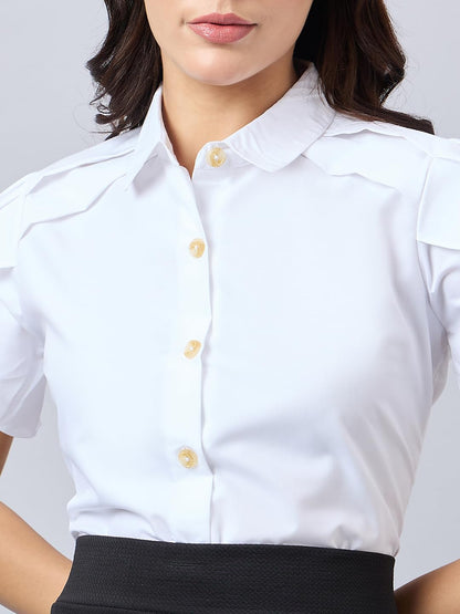 Style Quotient Women Solid White Polycotton Regular Fit Formal Tulip Sleeve Shirt