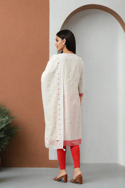 W For Woman Cotton Dobby Straight Kurta, Leggings And Butta Dobby Dupatta Set