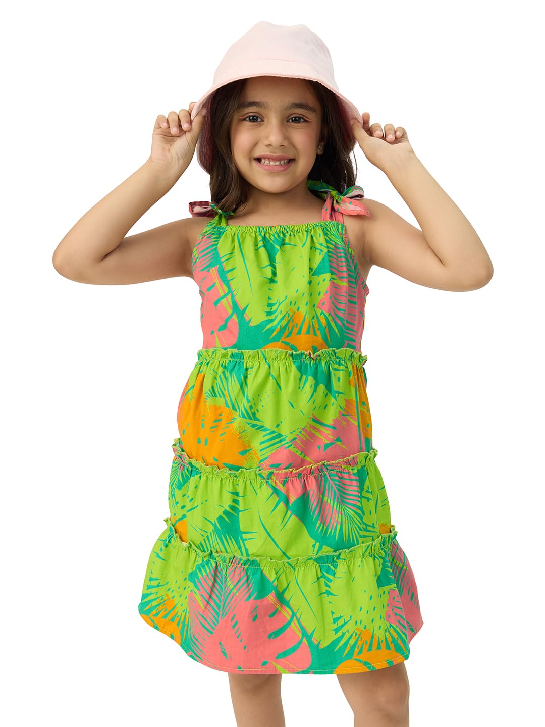 The Souled Store Hawaiian Leaves Girls Square Neck Sleeveless All Over Printed Cotton Dresses Multicolour