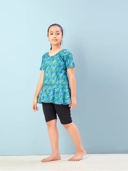 Aarika Girls Sports Wear Green-Black Colour Abstract Print Nylon Swim Suit (5-15 Years)-(SW-SHM-CA-1117)