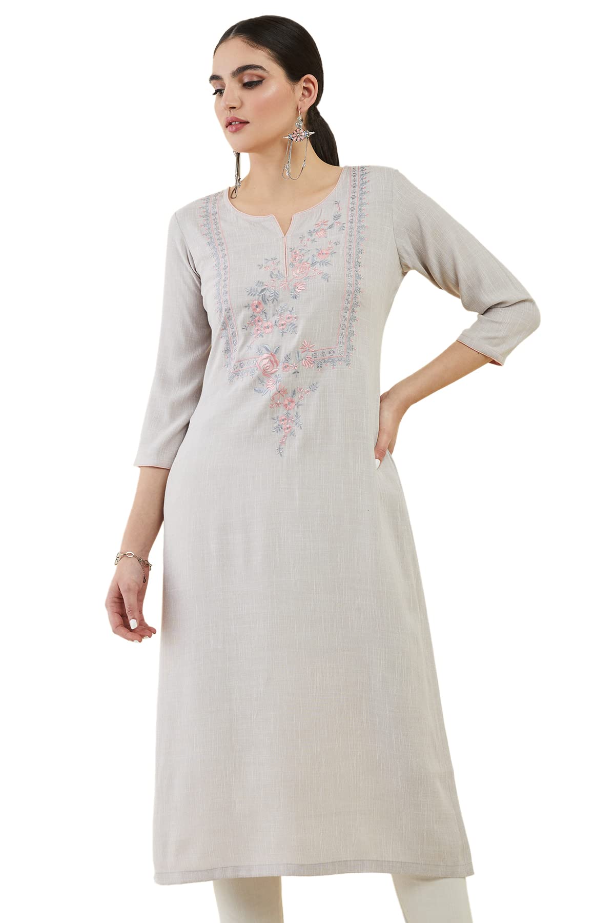 Soch Grey Rayon Straight Kurta With Floral Embroidered Designs