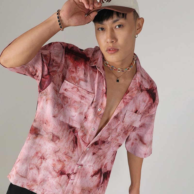 Campus Sutra Mens Wine Red Tie-Dye Utility Oversized Shirt for Casual Wear | Spread Collar | Short Sleeve | Button Closure | Ov