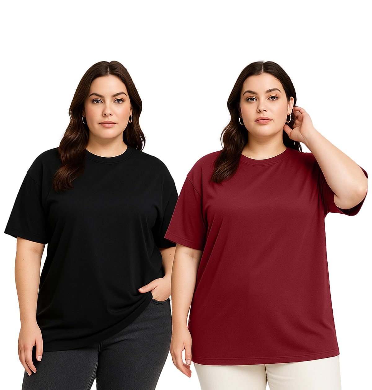 Juneberry 100% Pure Cotton Oversized Baggy Fit Drop Shoulder Solid Core Plus Size T-Shirt Combo For Women (Pack Of 2) (Po2_Jb_Ps
