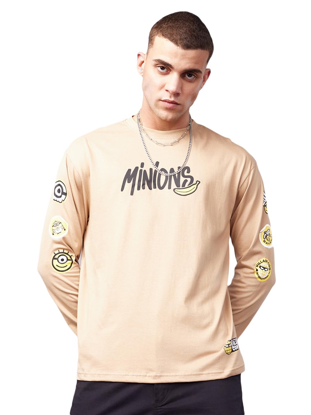 Bewakoof X Official Minions Merchandise Mens Brown Minion Badge Graphic Printed 100% Cotton T-Shirt - Oversized Fit, Round Neck