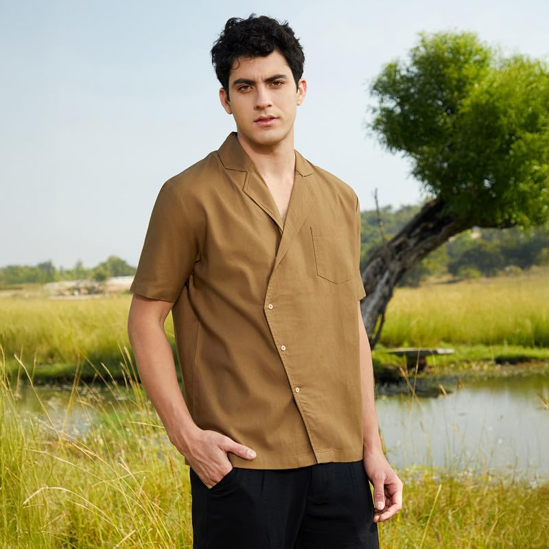 Campus Sutra MenS Camel Brown Asymmetrical Cuban Shirt For Casual Wear | Cuban Collar | Short Regular Sleeves | Button Closure