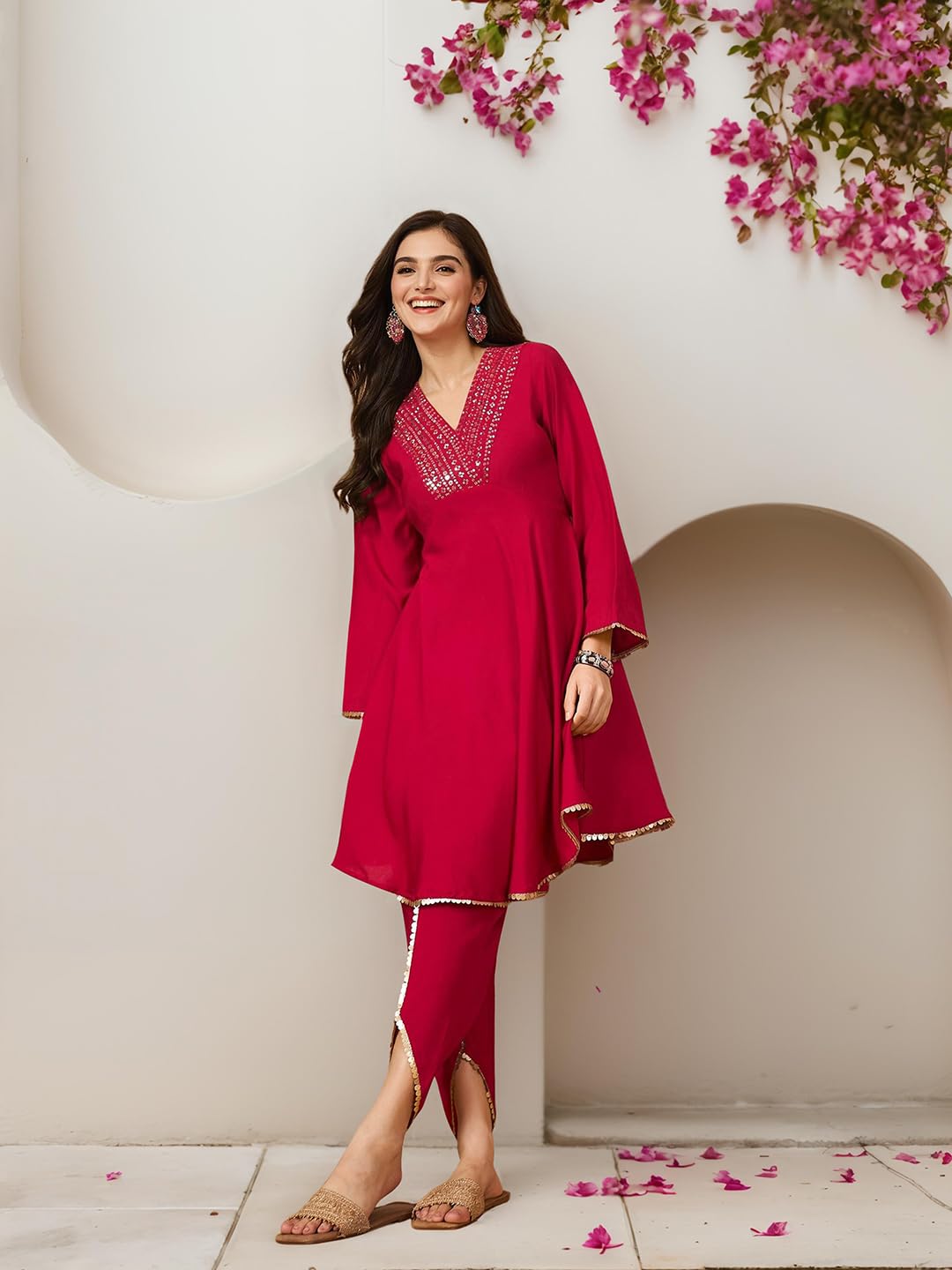 Ishin Women Sequin V-Neck Embellished Knee Length Flared Kurta With Dhoti Pants