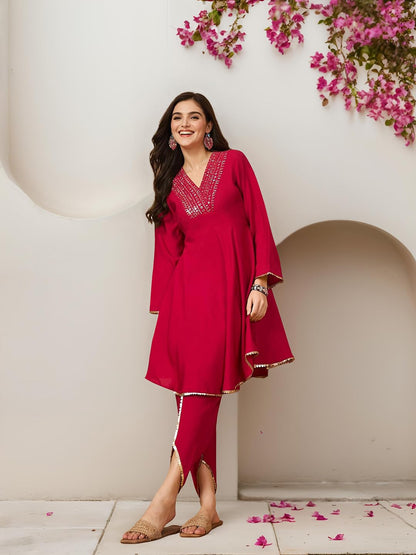 Ishin Women Sequin V-Neck Embellished Knee Length Flared Kurta With Dhoti Pants