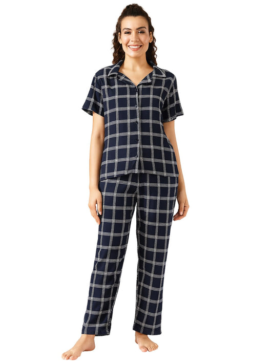 Clovia Womens Cotton Classy Checks Shirt & Pyjama (LS0385D08_Blue_XXL)