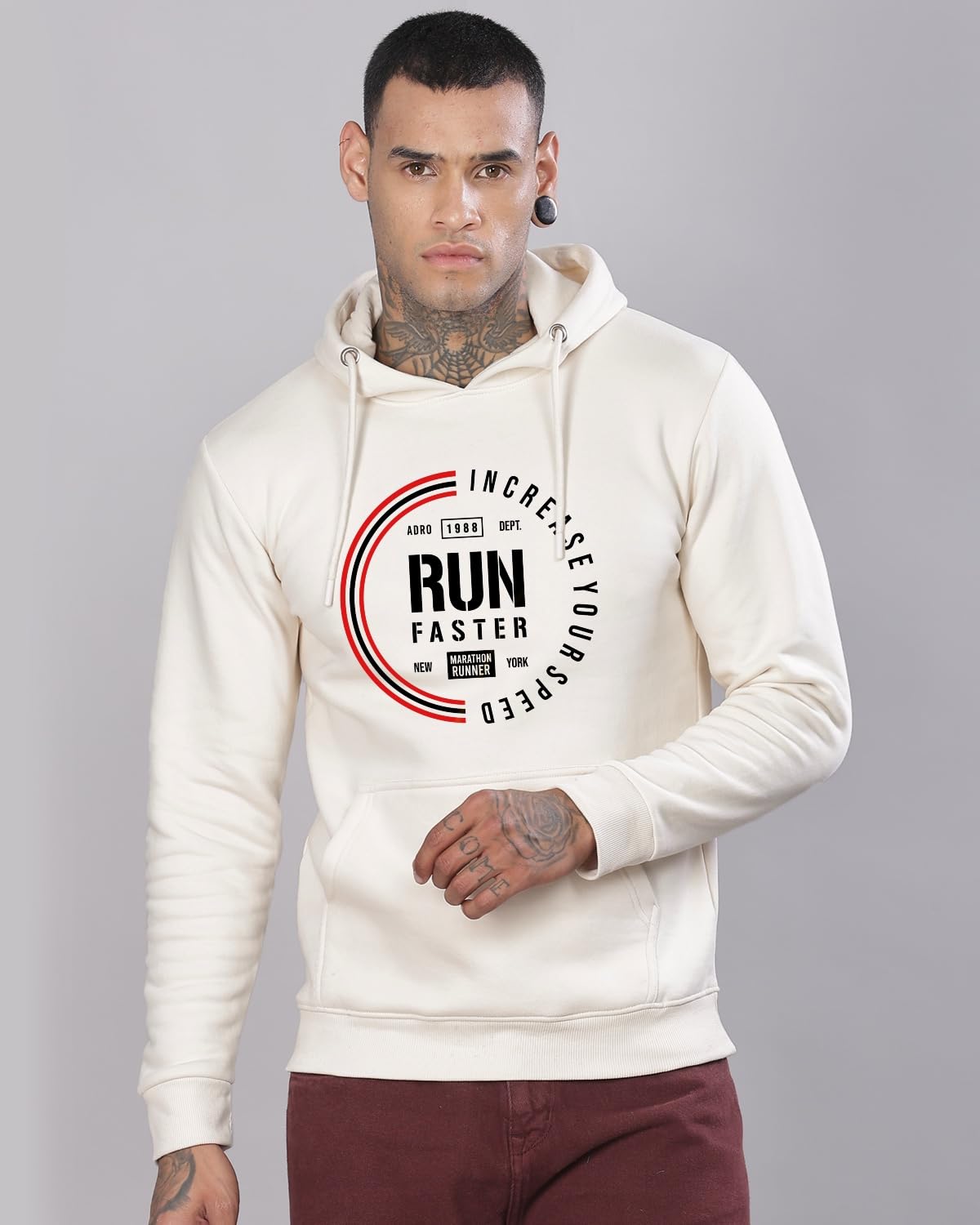 ADRO Men's Cotton Neck Hooded Sweatshirt (H24-FAST-WS_White Sand