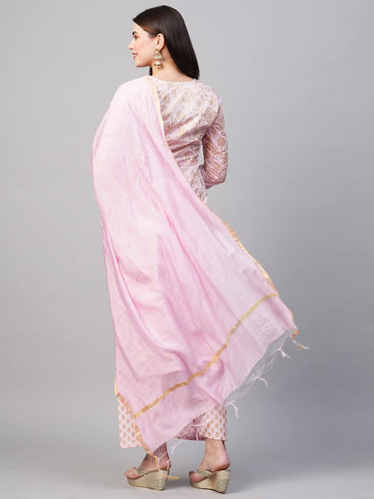 ANNI DESIGNER Women's Cotton Blend Printed Straight Kurta with Palazzos & Dupatta (Ghost-Off-Pink_XL_Pink_X-Large)