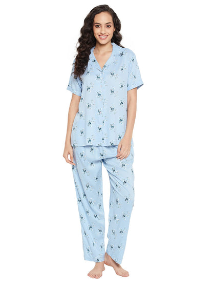 Clovia Womens Rayon Pretty Floral Button Me Up Shirt & Pyjama Set (LS0385E03_Blue_S)