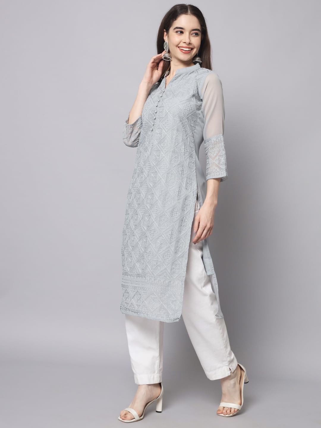 Ekasya WomenS Georgette Straight Cut Notch Neck Kurta With Beautiful Embroidery Work (E1547) Grey