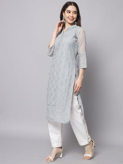 Ekasya WomenS Georgette Straight Cut Notch Neck Kurta With Beautiful Embroidery Work (E1547) Grey