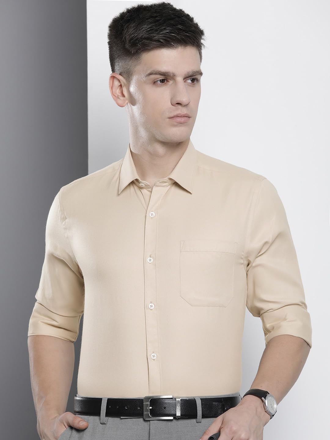 The Indian Garage Co Men Beige Slim Fit Solid Formal Shirt