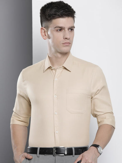 The Indian Garage Co Men Beige Slim Fit Solid Formal Shirt