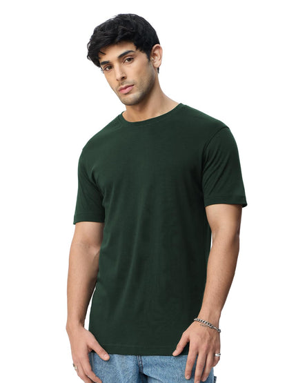 The Souled Store Supima: Emerald Men and Boys Short Sleeves Round Neck Solid Regular Fit Lightweight Durable Everyday Comfortabl