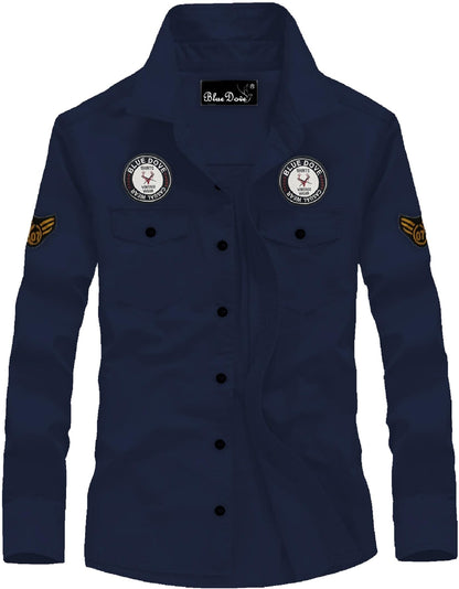 Kadiyu MenS Cotton Blend Shirt With Pockets Full Sleeves Round Collar Neck Botton Down Closure Solid Pattern Relaxed Fit And St
