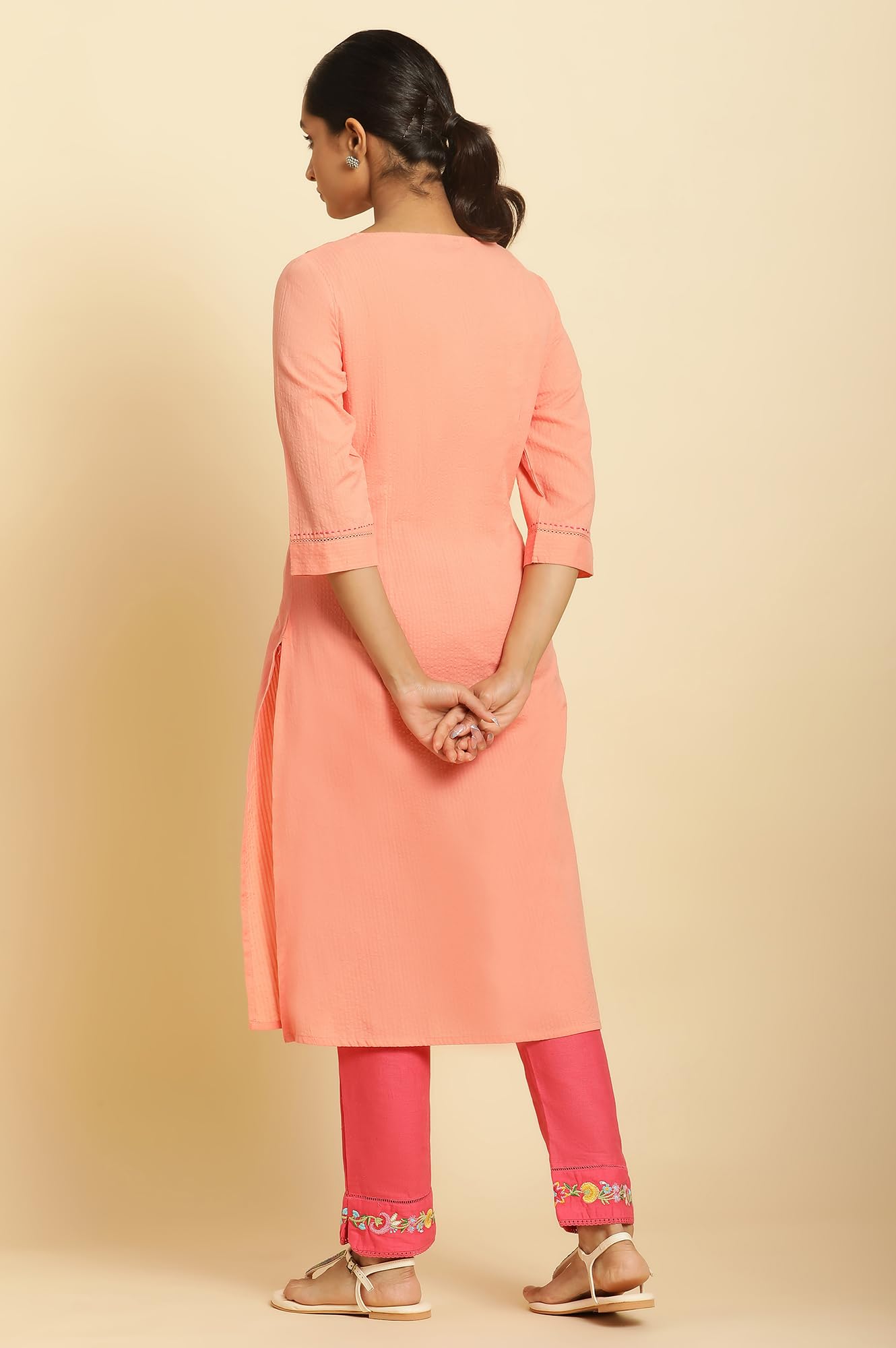 W Embroidered Cotton Regular Kurta For Women In Orange