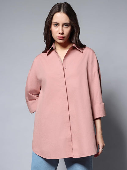 High Star WomenS Cotton Solid Oversized Fit Shirt (Hswshs23001_Pink_1)