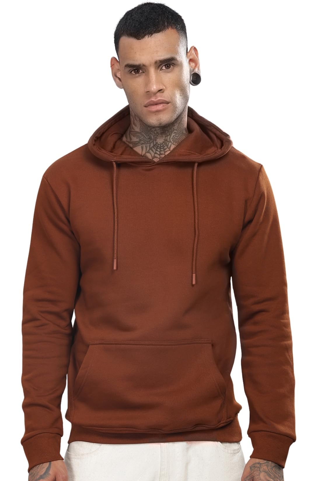 ADRO Men's Cotton Neck Hooded Sweatshirt (H24-M-PLN-BR_Downtown Brown