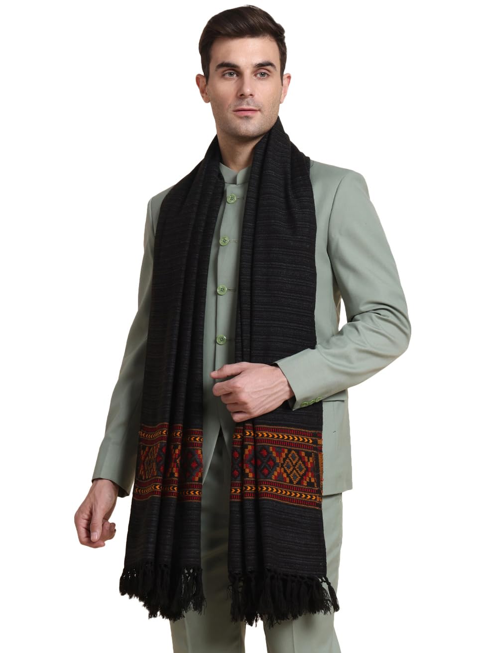 Weavers Villa Mens Acro Wool Blended Shawl - Handloom Woven Kullu Pattern - Stoles for Men - Gents Shawls - Soft & Warm Wrap -