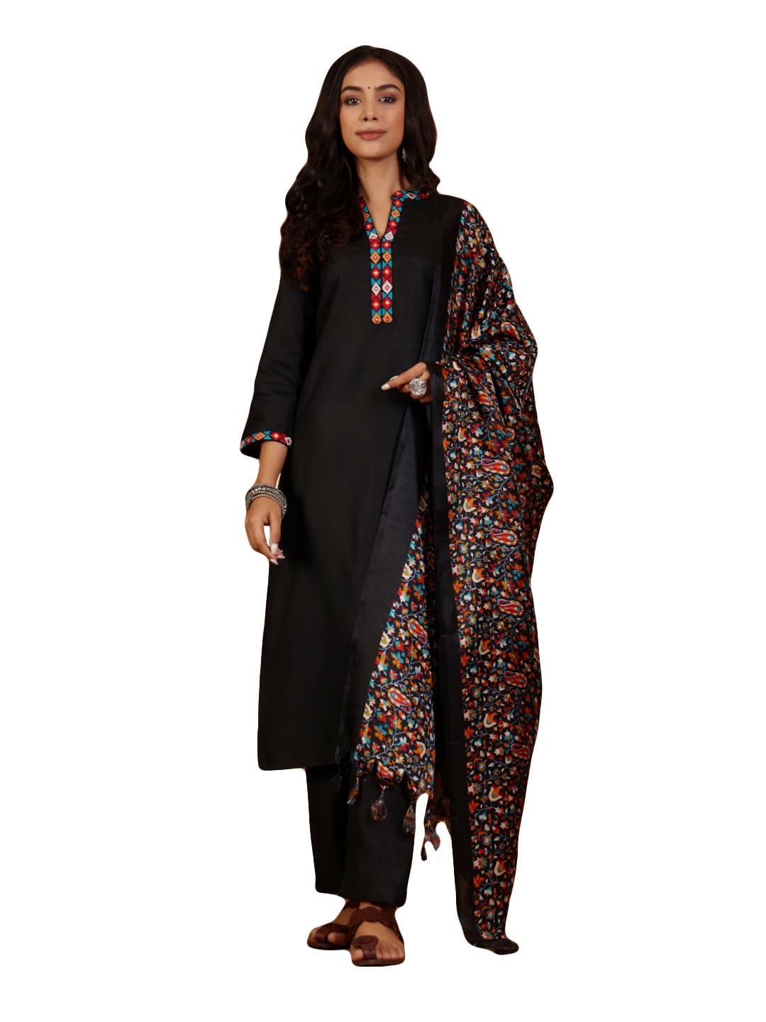 Varanga Women Mandarin Collar Embroidered Straight Kurta With Trouser & Floral Printed Dupatta