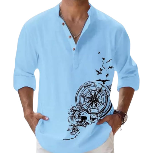 Deemoon MenS Cotton Blend Mandarin Collar Self One Design Full Sleeve Casual Short Kurta Blue