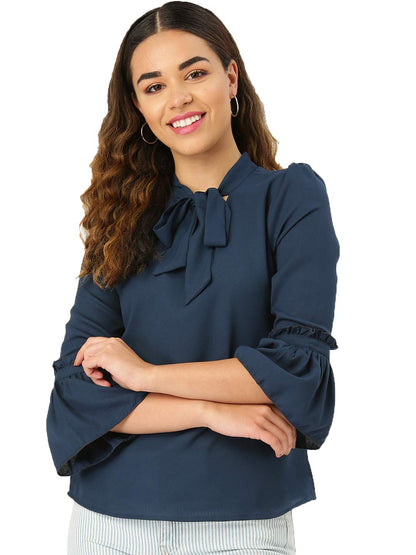 Style Quotient Women Solid Navy Polymoss Regular Smart Casual Top
