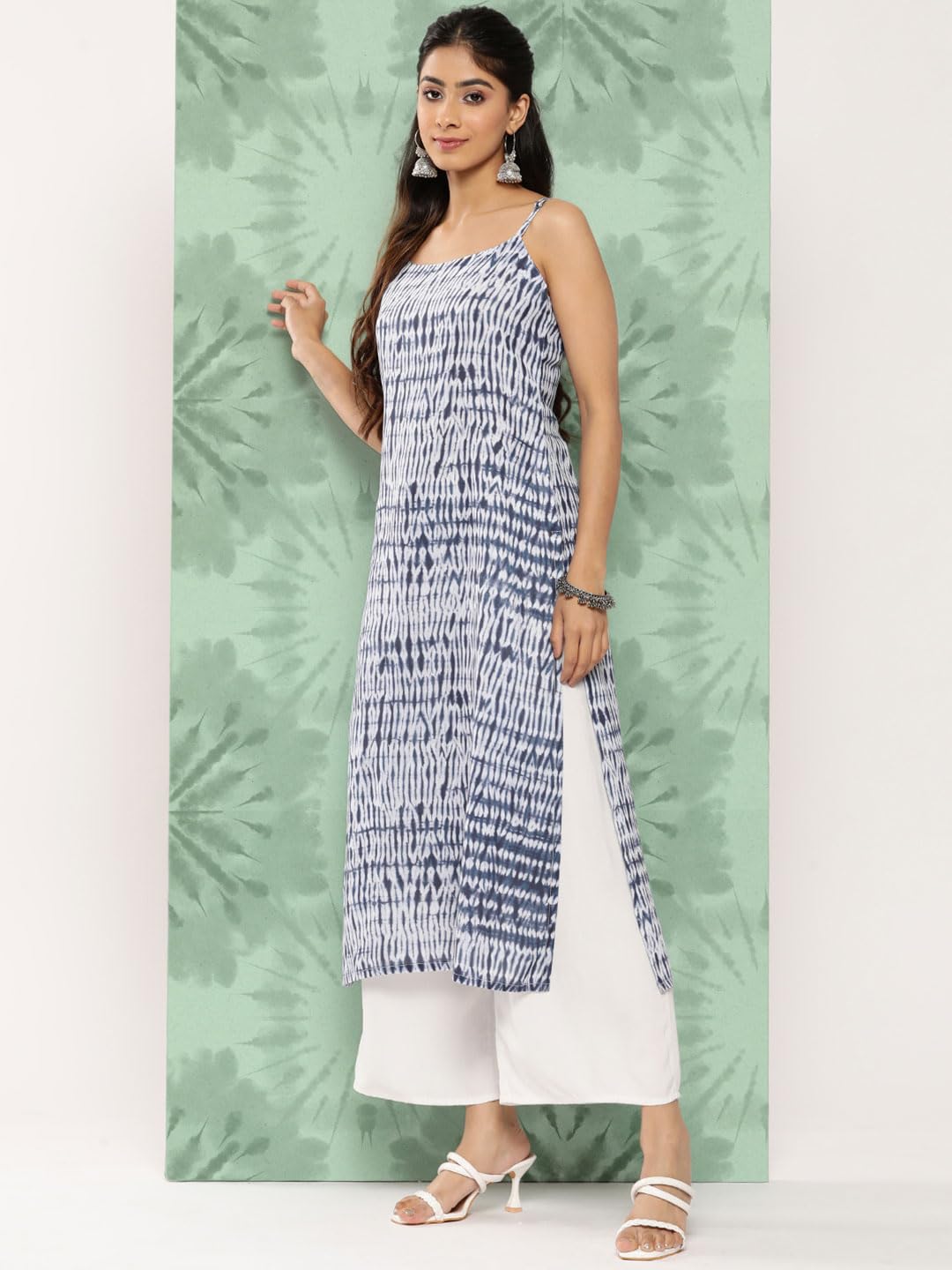 Blue And White Shibori Printed Spaghetti Strap Style Straight Kurta With Side Slits, With Adjuster Details On Strap